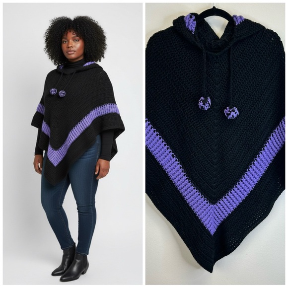 Sweaters - Goth Witchy Fairygoth Black Purple Crotchet Knit Handmade Hooded Poncho Sweater
